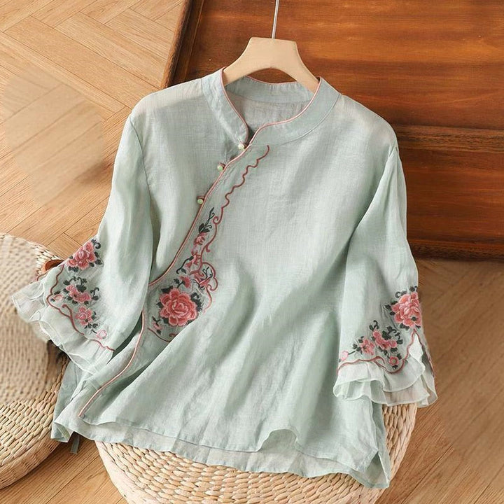 Camisa informal holgada de manga tres cuartos con bordado de peonías y botones de rana para mujer con Buddha Stones - Turquesa pálido - US14, UK/AU18, EU46 (4XL) - image 5