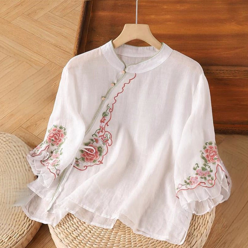 Camisa informal holgada de manga tres cuartos con bordado de peonías y botones de rana para mujer con Buddha Stones - Nieve - US14, UK/AU18, EU46 (4XL) - image 3