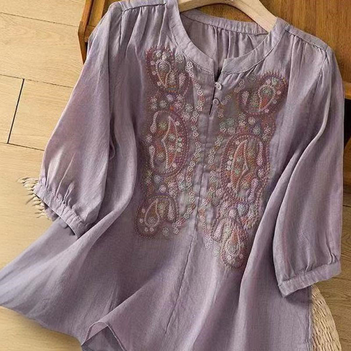 Camisa informal holgada de algodón con cuello redondo y botones de rana y bordado de Buddha Stones para mujer - image 3