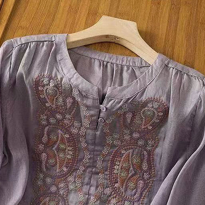 Camisa informal holgada de algodón con cuello redondo y botones de rana y bordado de Buddha Stones para mujer - image 4