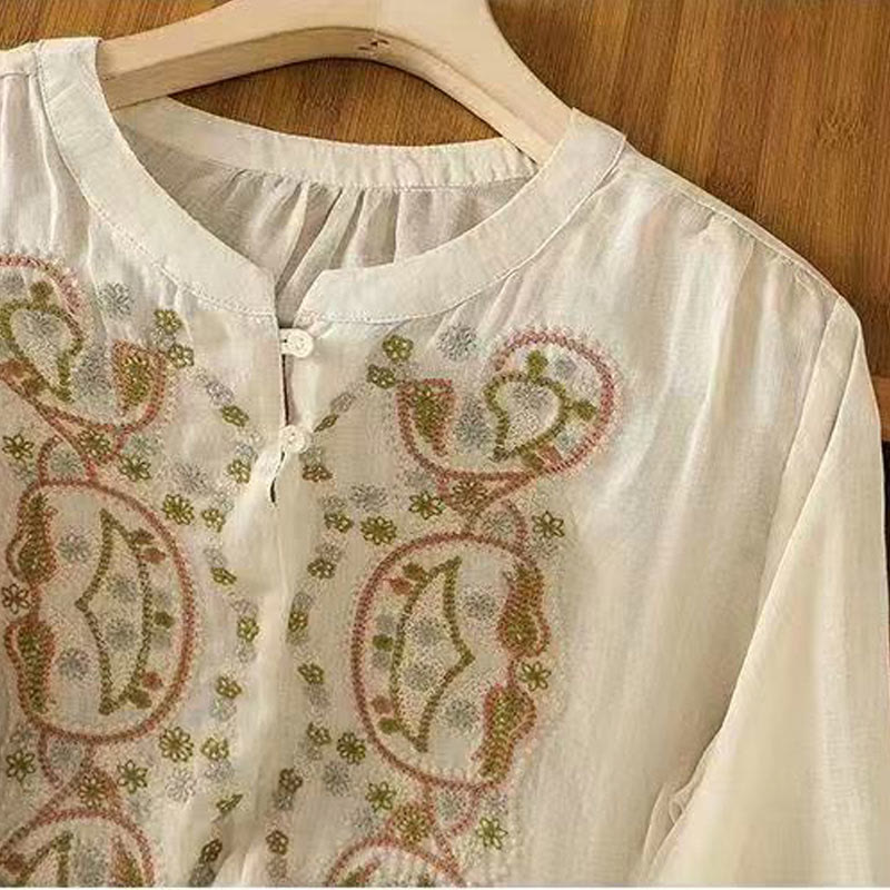 Camisa informal holgada de algodón con cuello redondo y botones de rana y bordado de Buddha Stones para mujer - image 8