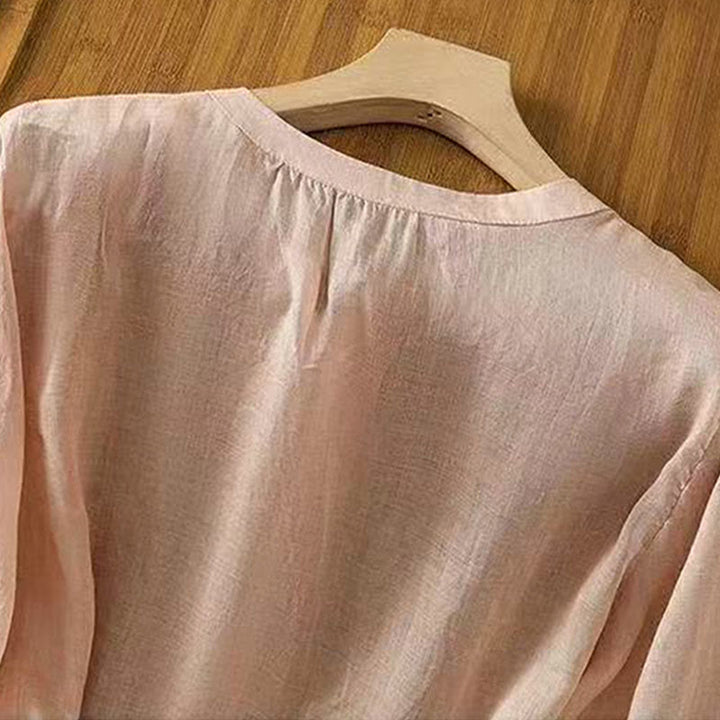 Camisa informal holgada de algodón con cuello redondo y botones de rana y bordado de Buddha Stones para mujer - image 13