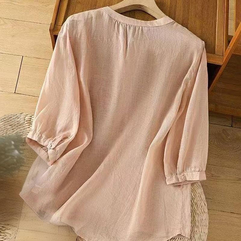 Camisa informal holgada de algodón con cuello redondo y botones de rana y bordado de Buddha Stones para mujer - image 19