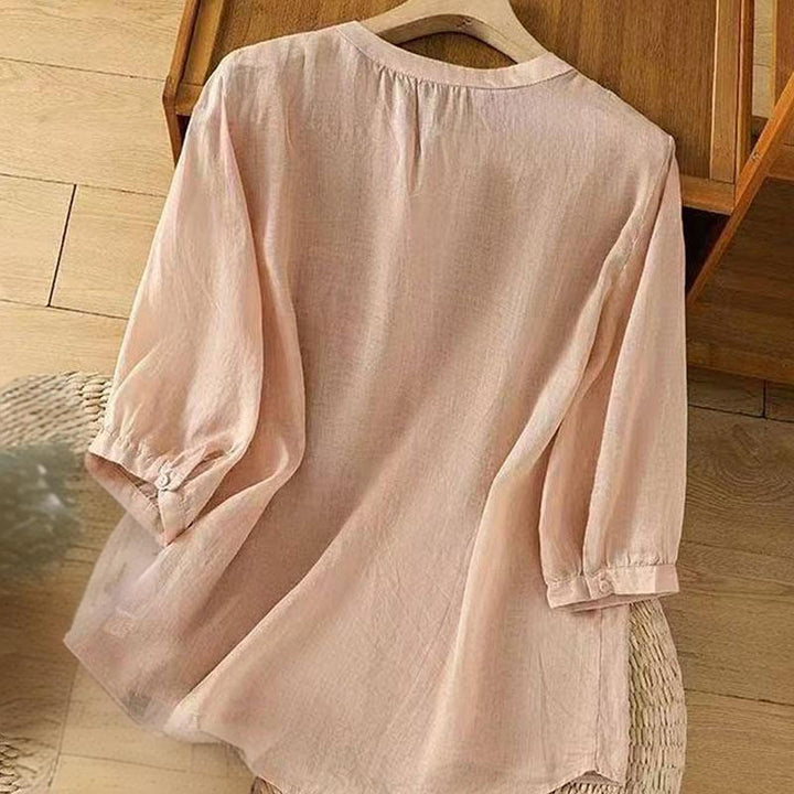 Camisa informal holgada de algodón con cuello redondo y botones de rana y bordado de Buddha Stones para mujer - image 19