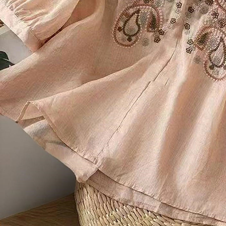 Camisa informal holgada de algodón con cuello redondo y botones de rana y bordado de Buddha Stones para mujer - image 16