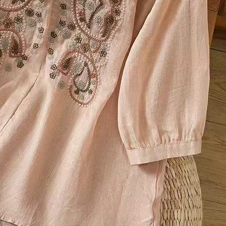 Camisa informal holgada de algodón con cuello redondo y botones de rana y bordado de Buddha Stones para mujer - image 18