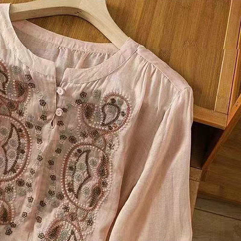 Camisa informal holgada de algodón con cuello redondo y botones de rana y bordado de Buddha Stones para mujer - image 17