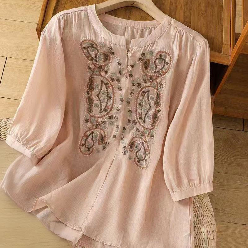 Camisa informal holgada de algodón con cuello redondo y botones de rana y bordado de Buddha Stones para mujer - Rosa - US12, UK/AU16, EU44 (3XL) - image 12