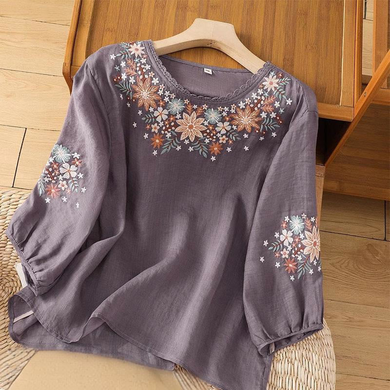 Camiseta de manga tres cuartos con cuello redondo y bordado de flores y Buddha Stones para mujer. - Morado medio - US12, UK/AU16, EU44 (3XL) - image 0