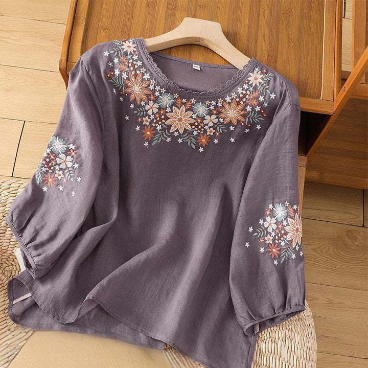 Camiseta de manga tres cuartos con cuello redondo y bordado de flores y Buddha Stones para mujer. - Morado medio - US12, UK/AU16, EU44 (3XL) - image 0