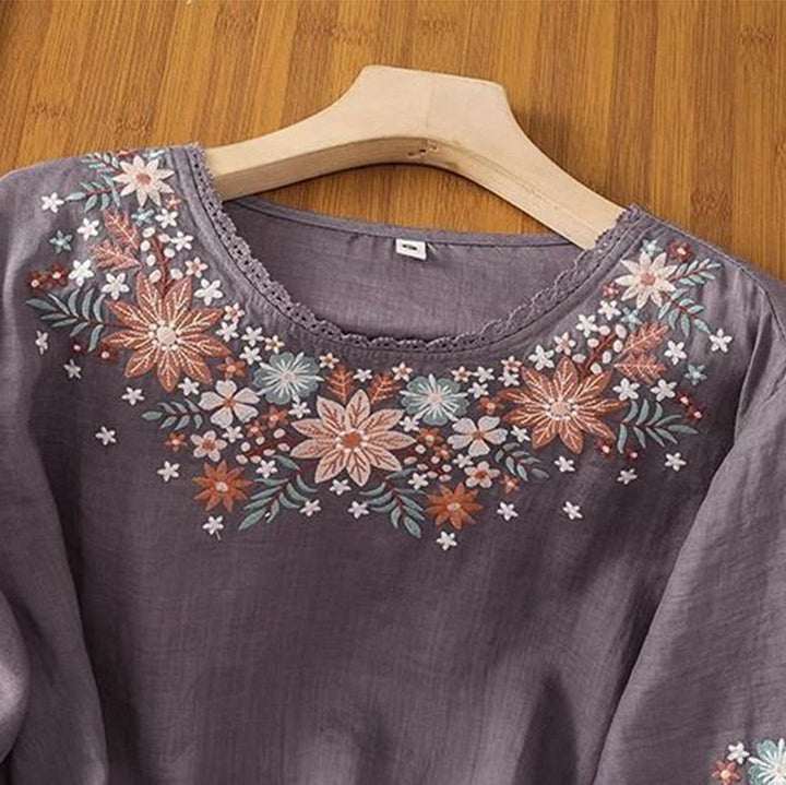 Camiseta informal de lino y algodón con bordado de flores y hojas de Buddha Stones para mujer, cuello redondo, manga tres cuartos - image 1