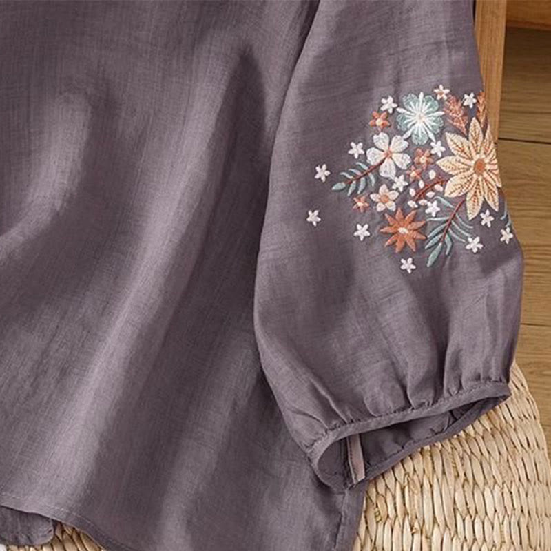 Camiseta informal de lino y algodón con bordado de flores y hojas de Buddha Stones para mujer, cuello redondo, manga tres cuartos - image 3