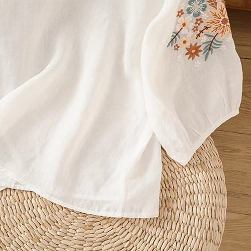 Camiseta de manga tres cuartos con cuello redondo y bordado de flores y Buddha Stones para mujer. - image 8