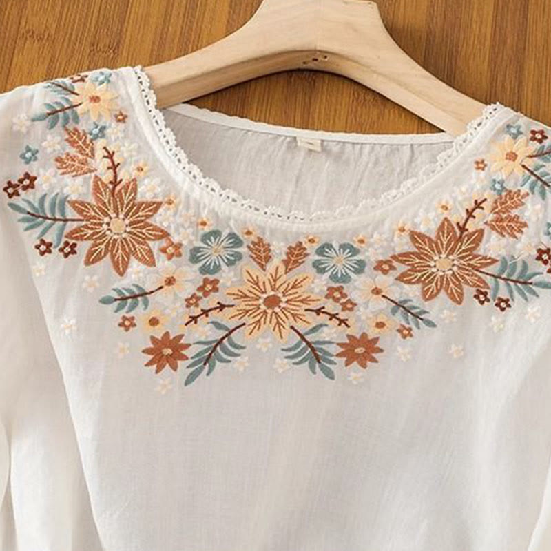 Camiseta informal de lino y algodón con bordado de flores y hojas de Buddha Stones para mujer, cuello redondo, manga tres cuartos - image 6