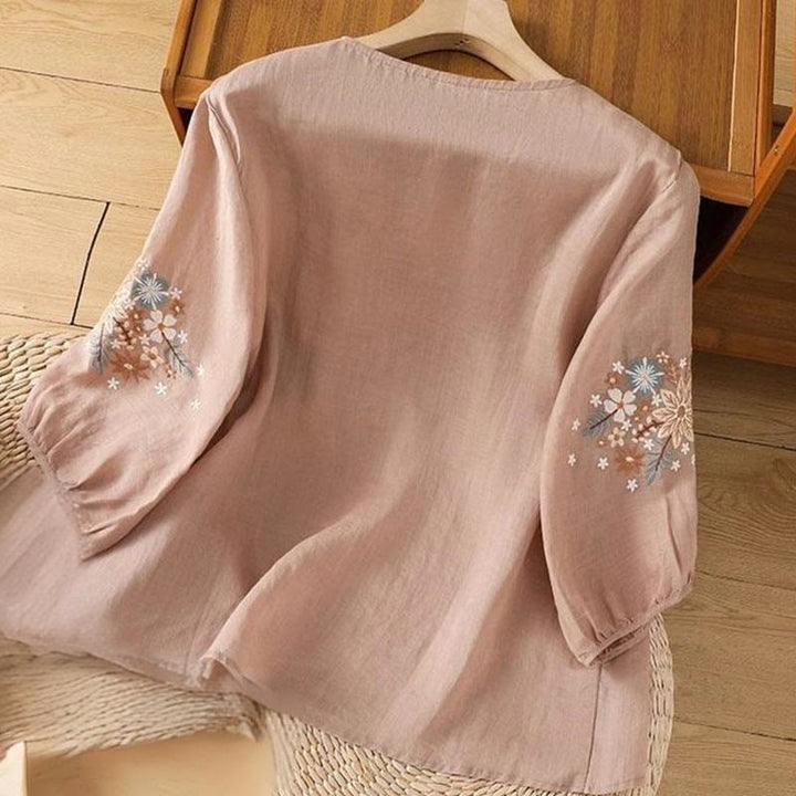Camiseta informal de lino y algodón con bordado de flores y hojas de Buddha Stones para mujer, cuello redondo, manga tres cuartos - image 12