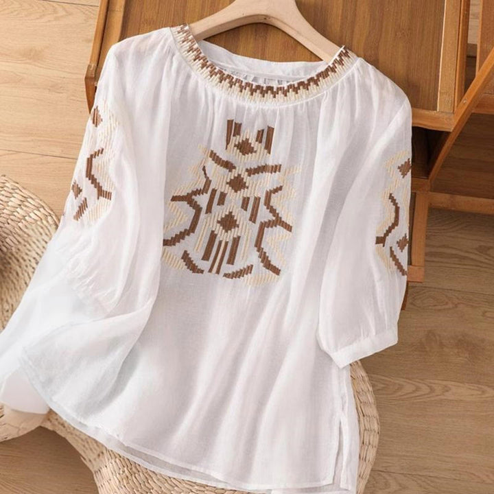 Camiseta informal de licra con bordado simétrico de Buddha Stones para mujer, cuello redondo, media manga