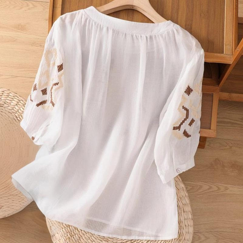 Camiseta informal de licra con bordado simétrico de Buddha Stones para mujer, cuello redondo, media manga