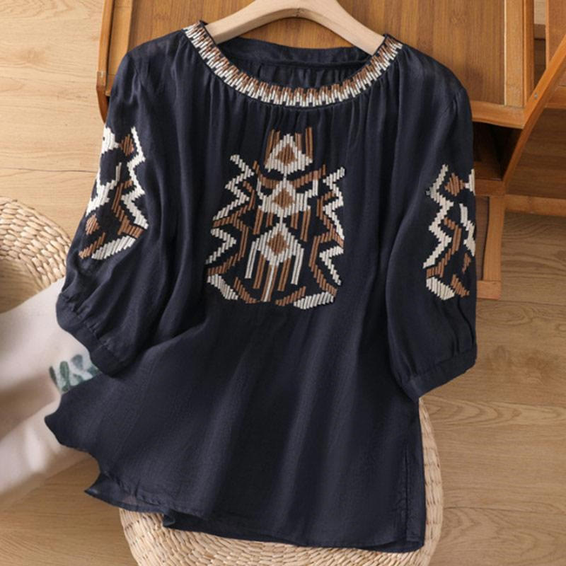Camiseta informal de licra con bordado simétrico de Buddha Stones para mujer, cuello redondo, media manga