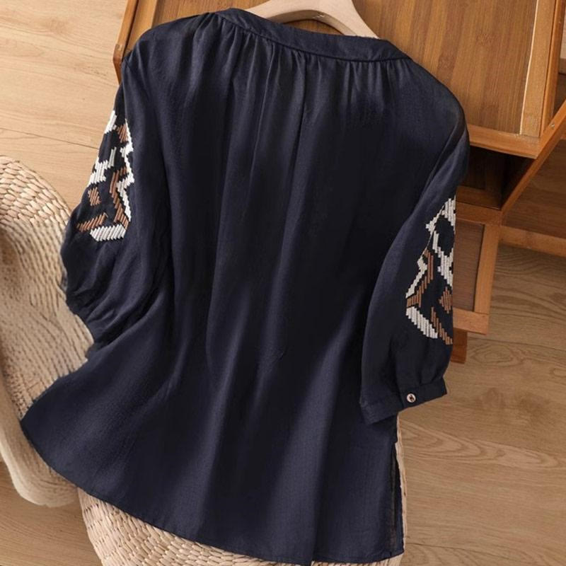 Camiseta informal de licra con bordado simétrico de Buddha Stones para mujer, cuello redondo, media manga