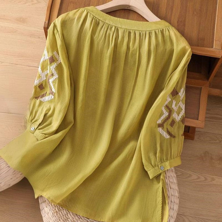 Camiseta informal de licra con bordado simétrico de Buddha Stones para mujer, cuello redondo, media manga