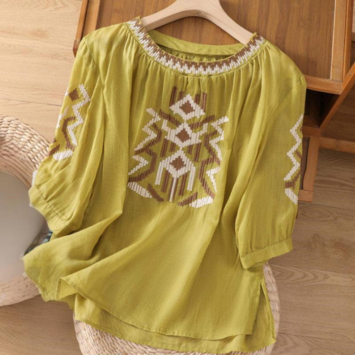 Camiseta informal de licra con bordado simétrico de Buddha Stones para mujer, cuello redondo, media manga