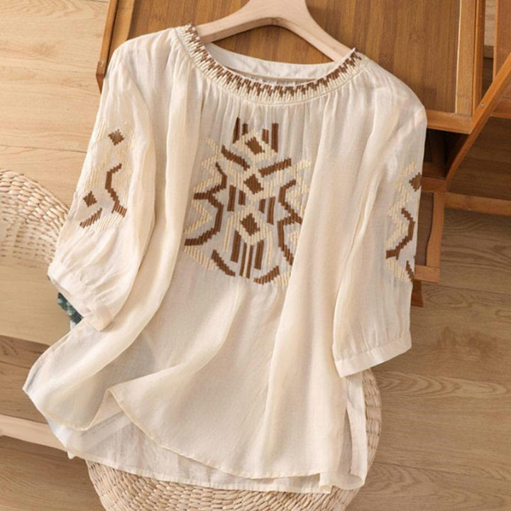 Camiseta informal de licra con bordado simétrico de Buddha Stones para mujer, cuello redondo, media manga