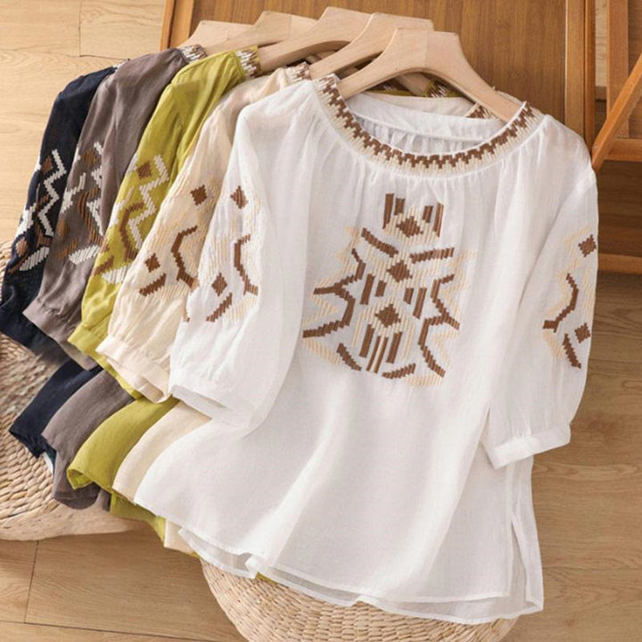 Camiseta informal de licra con bordado simétrico de Buddha Stones para mujer, cuello redondo, media manga
