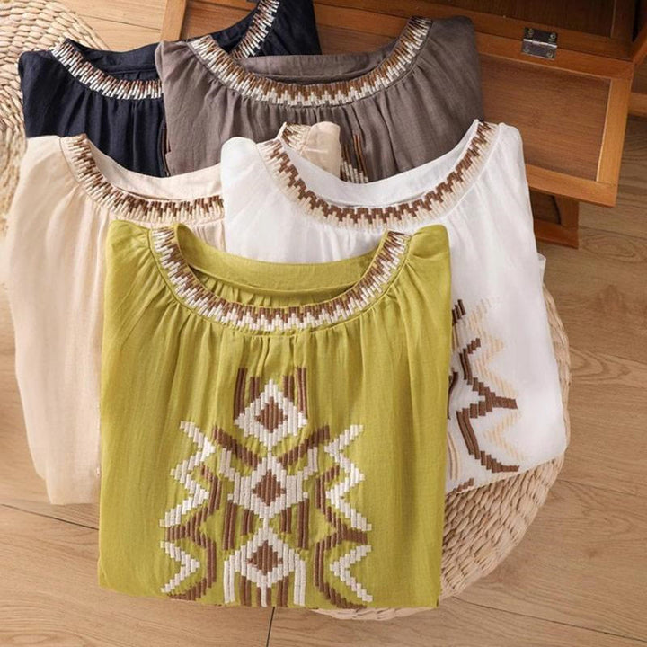 Camiseta informal de licra con bordado simétrico de Buddha Stones para mujer, cuello redondo, media manga