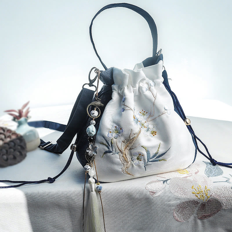 Bolso bandolera de lino y algodón con bordado de Buddha Stones, flor de ciruelo y magnolia, bolso de hombro