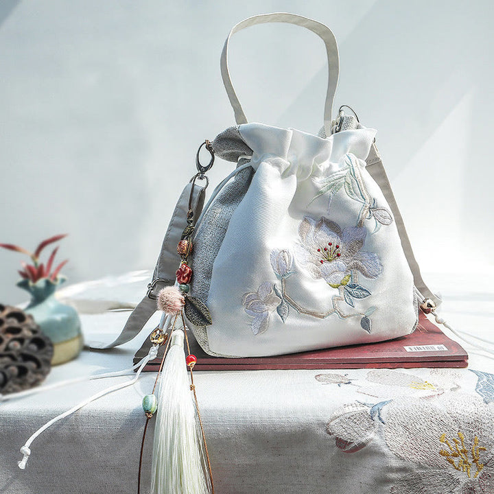 Bolso bandolera de lino y algodón con bordado de Buddha Stones, flor de ciruelo y magnolia, bolso de hombro