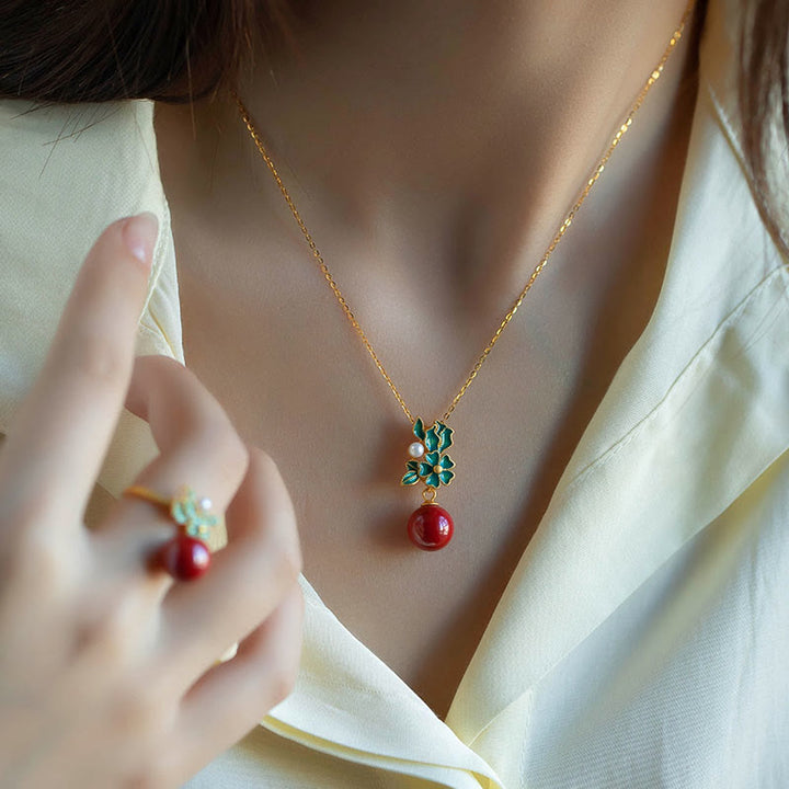 Juego de anillos y pendientes con colgante de flor de perla de cinabrio chapado en plata de ley 925 con Buddha Stones