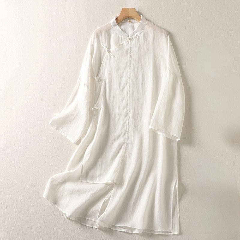 Vestido midi de algodón y lino para mujer, de manga larga, liso, con botones de rana y Buddha Stones - FloralBlanco - US8-10，UK/AU12-14，EU40-42 (2XL) - image 6