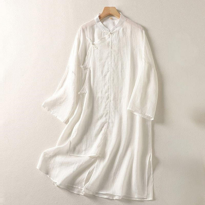 Vestido midi de algodón y lino para mujer, de manga larga, liso, con botones de rana y Buddha Stones - FloralBlanco - US8-10，UK/AU12-14，EU40-42 (2XL) - image 6