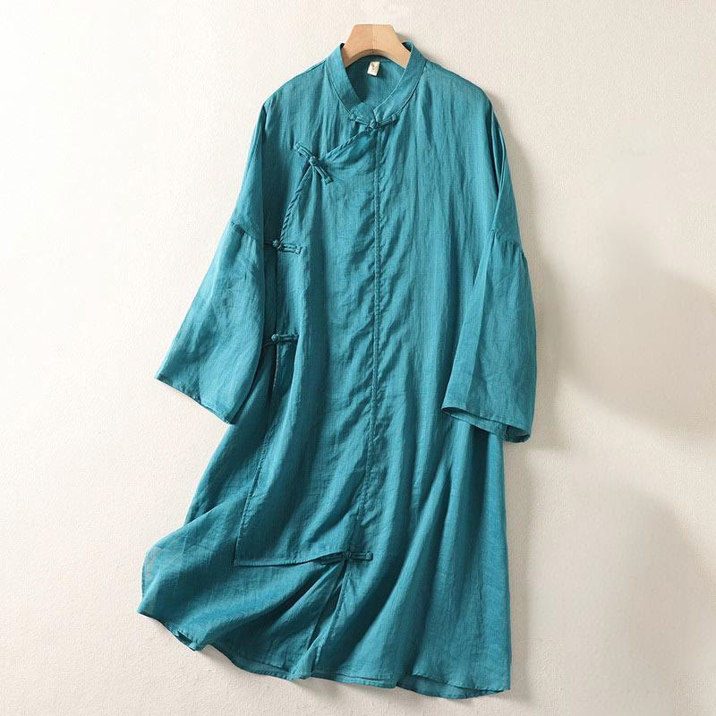 Vestido midi de algodón y lino para mujer, de manga larga, liso, con botones de rana y Buddha Stones - Cian oscuro - US8-10，UK/AU12-14，EU40-42 (2XL) - image 17
