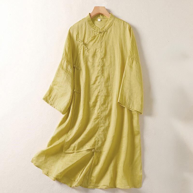 Vestido midi de algodón y lino para mujer, de manga larga, liso, con botones de rana y Buddha Stones - Caqui - US8-10，UK/AU12-14，EU40-42 (2XL) - image 0
