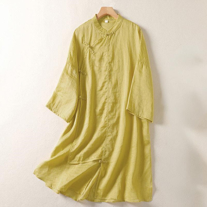 Vestido midi de algodón y lino para mujer, de manga larga, liso, con botones de rana y Buddha Stones - Caqui - US8-10，UK/AU12-14，EU40-42 (2XL) - image 0