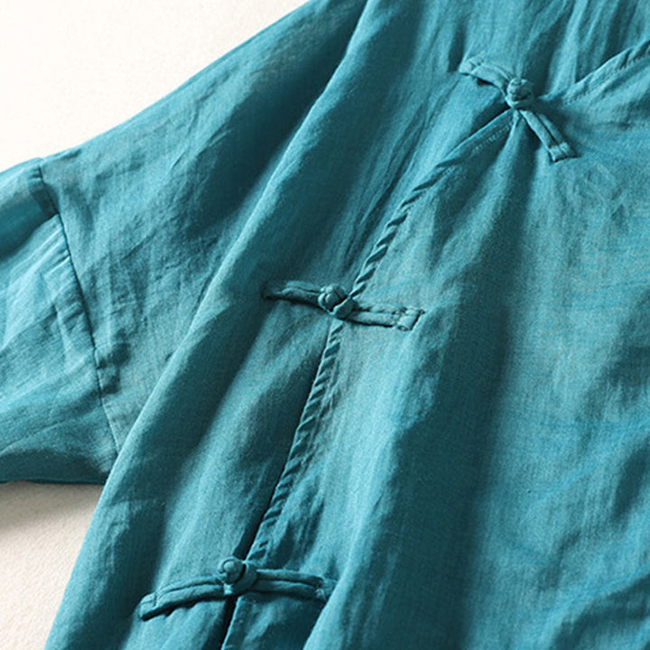 Vestido midi de algodón y lino para mujer, de manga larga, liso, con botones de rana y Buddha Stones - image 19