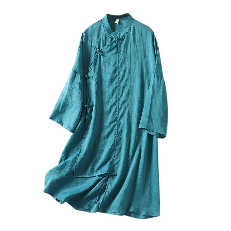Vestido midi de algodón y lino para mujer, de manga larga, liso, con botones de rana y Buddha Stones - image 23