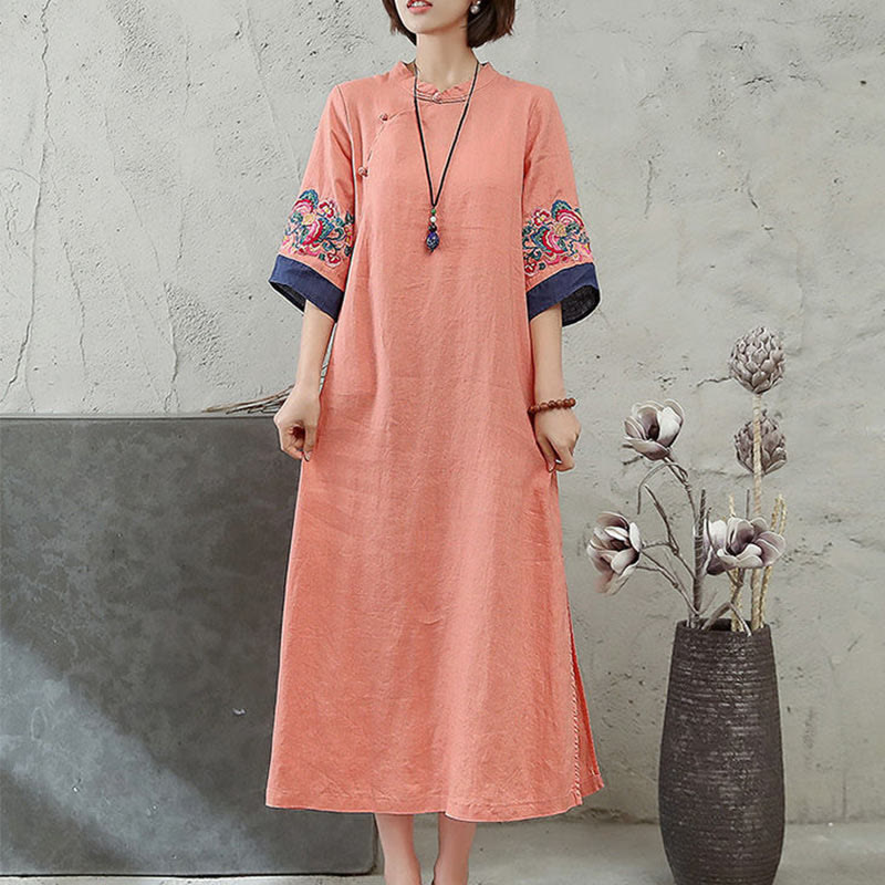 Vestido midi de mujer con mangas cortas, botones de rana y bordado de Buddha Stones - image 1