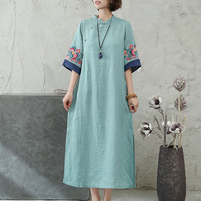 Vestido midi de algodón y lino para mujer, de media manga, con botones de rana y bordado de Buddha Stones - image 6