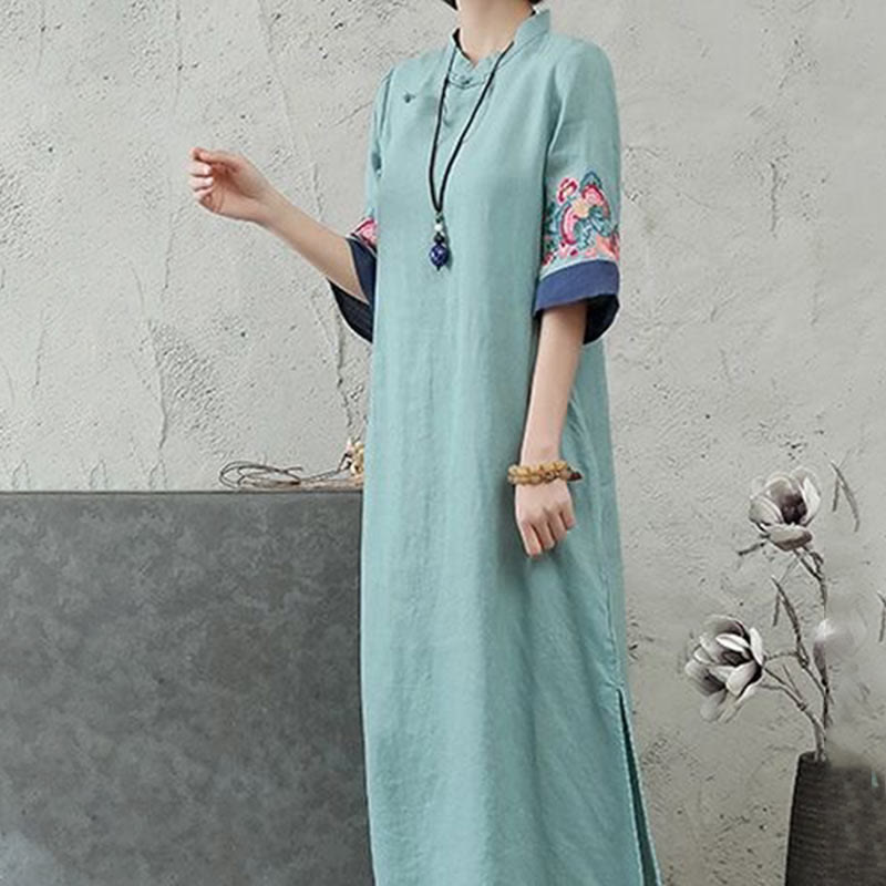 Vestido midi de algodón y lino para mujer, de media manga, con botones de rana y bordado de Buddha Stones - image 9