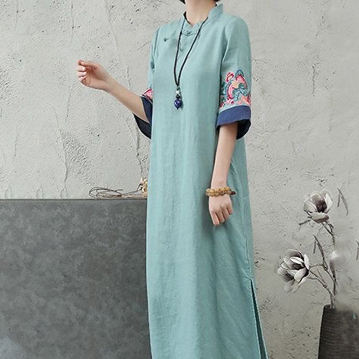 Vestido midi de mujer con mangas cortas, botones de rana y bordado de Buddha Stones - image 9