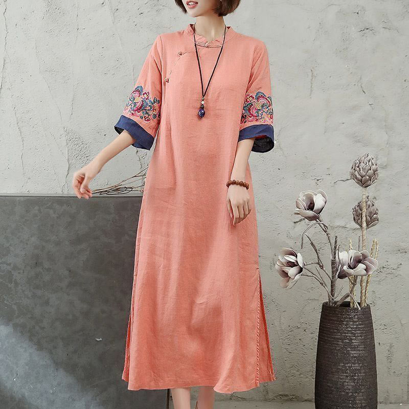 Vestido midi de algodón y lino para mujer, de media manga, con botones de rana y bordado de Buddha Stones - Salmón claro - US14, UK/AU18, EU46 (4XL) - image 0