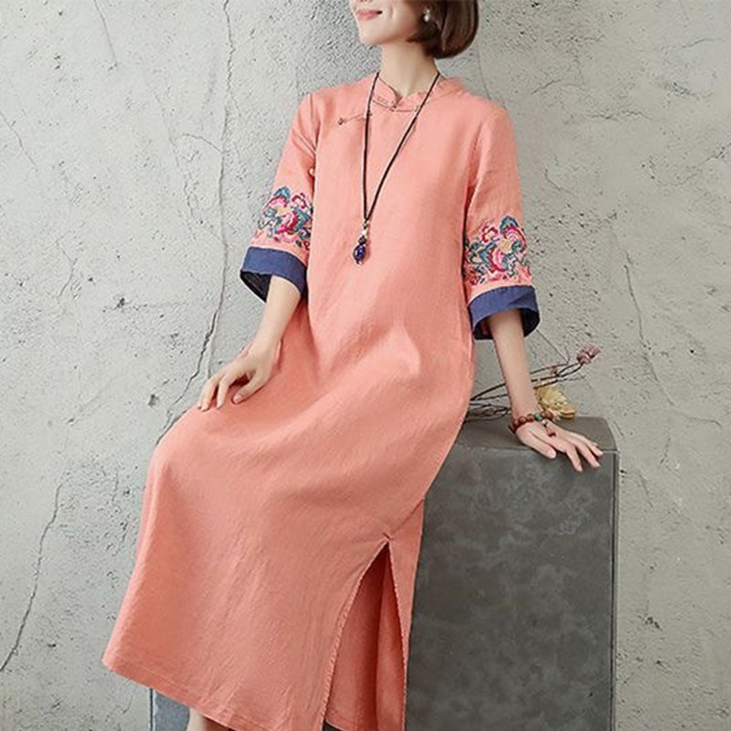 Vestido midi de algodón y lino para mujer, de media manga, con botones de rana y bordado de Buddha Stones - image 4