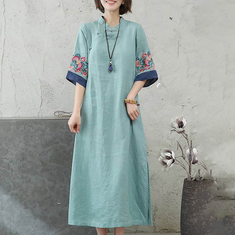 Vestido midi de mujer con mangas cortas, botones de rana y bordado de Buddha Stones - image 7