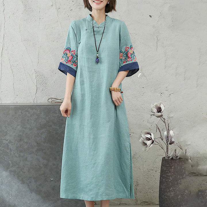 Vestido midi de mujer con mangas cortas, botones de rana y bordado de Buddha Stones - image 7