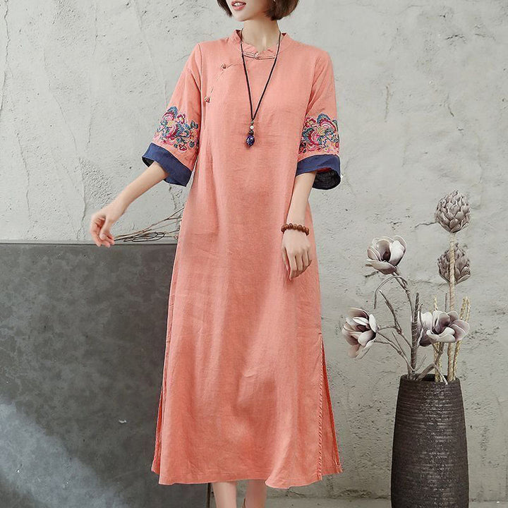 Vestido midi de mujer con mangas cortas, botones de rana y bordado de Buddha Stones - Salmón claro - US14, UK/AU18, EU46 (4XL) - image 0