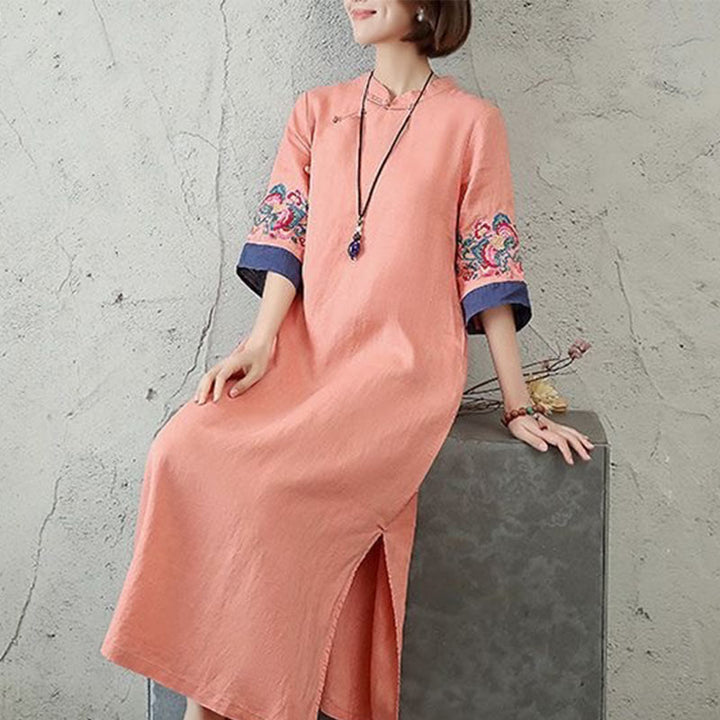 Vestido midi de mujer con mangas cortas, botones de rana y bordado de Buddha Stones - image 4
