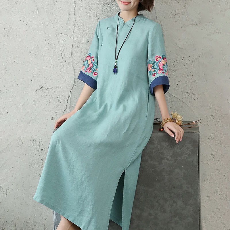 Vestido midi de mujer con mangas cortas, botones de rana y bordado de Buddha Stones - image 10
