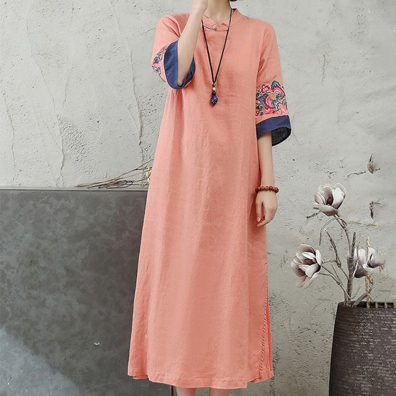 Vestido midi de algodón y lino para mujer, de media manga, con botones de rana y bordado de Buddha Stones - image 3